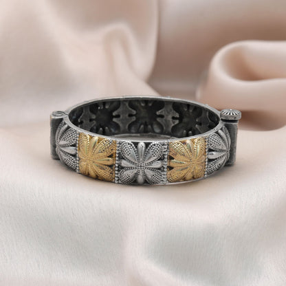Beautiful Gold & Silver Color Two Tone Oxidised Openable Bracelet With Ethnic Jewelry Artwork Design