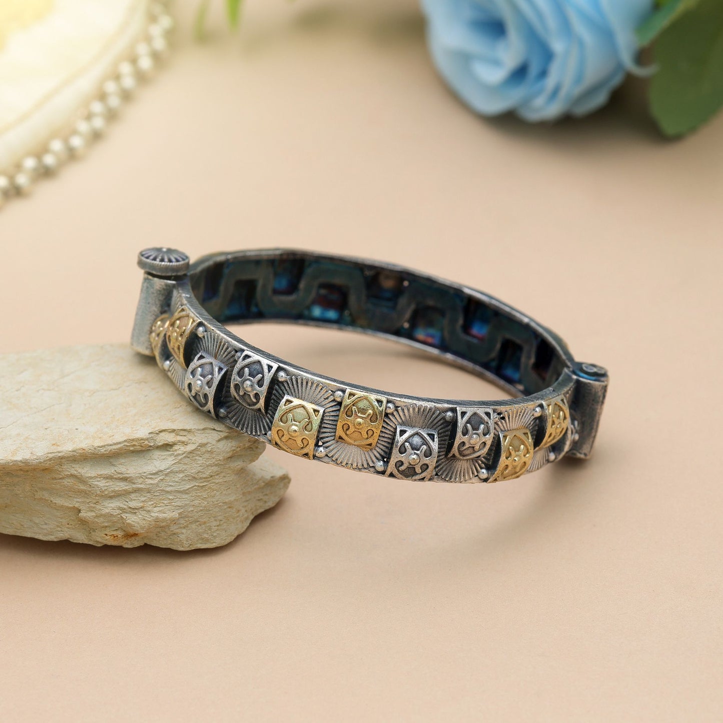 Classic Gold & Silver Color Two Tone Oxidised Openable Bracelet With Antique Inspired Elegant Design