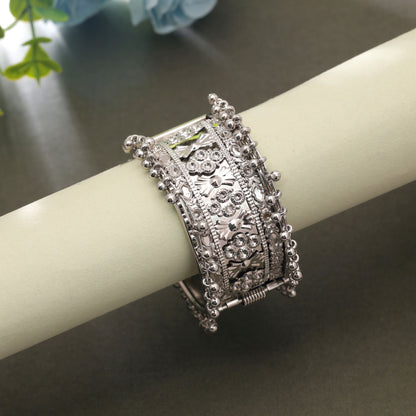 Silver Color Oxidised Openable Kada Bangle with Elegant Traditional Design for Stylish Ethnic Fashion Wear