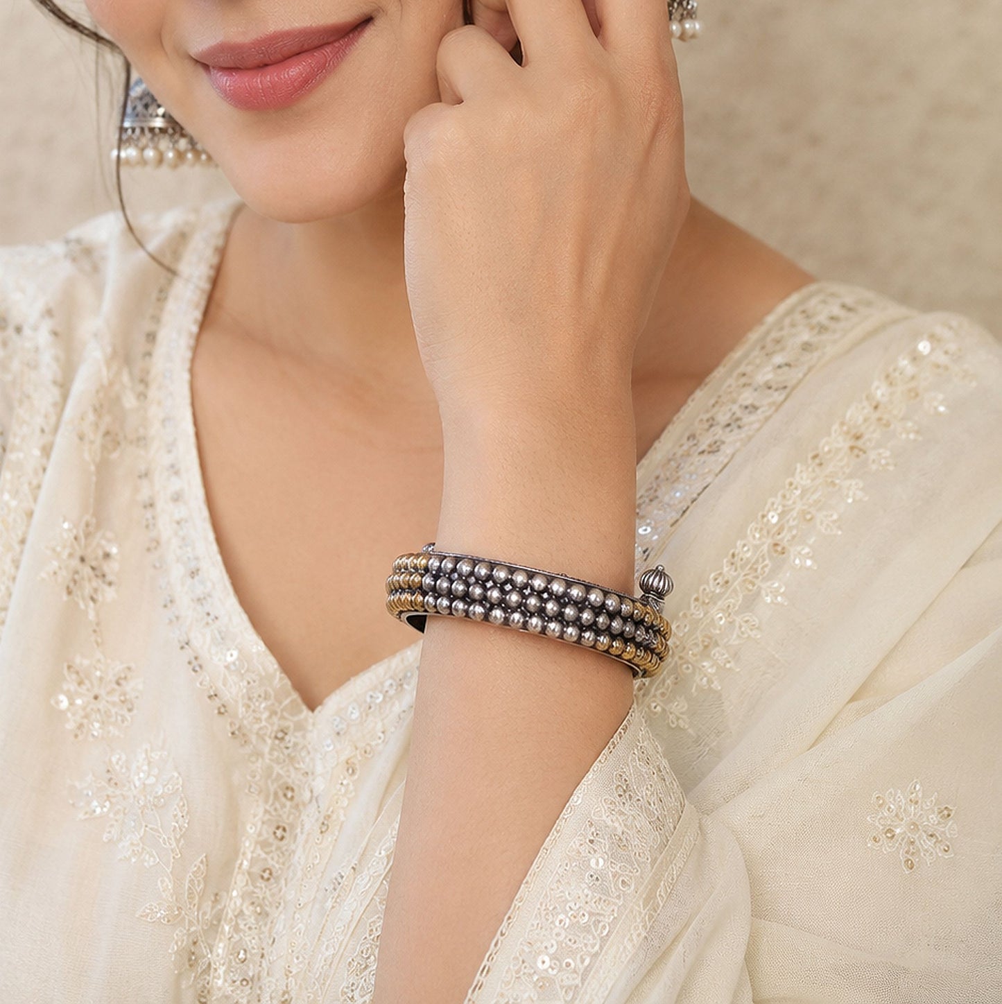 Silver Color Oxidised Openable Kada Bangle Featuring Traditional Handmade Designer Style