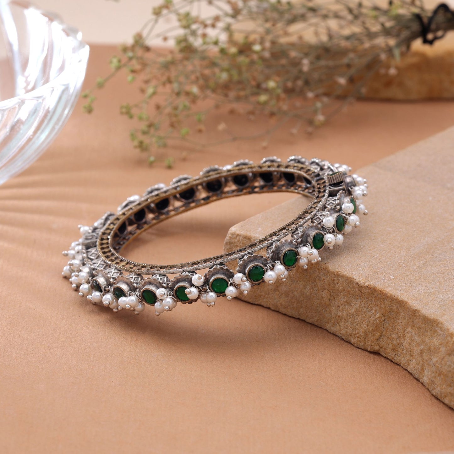 Green Color Oxidised Openable Kada Bangle Crafted for Beautiful Traditional Wear