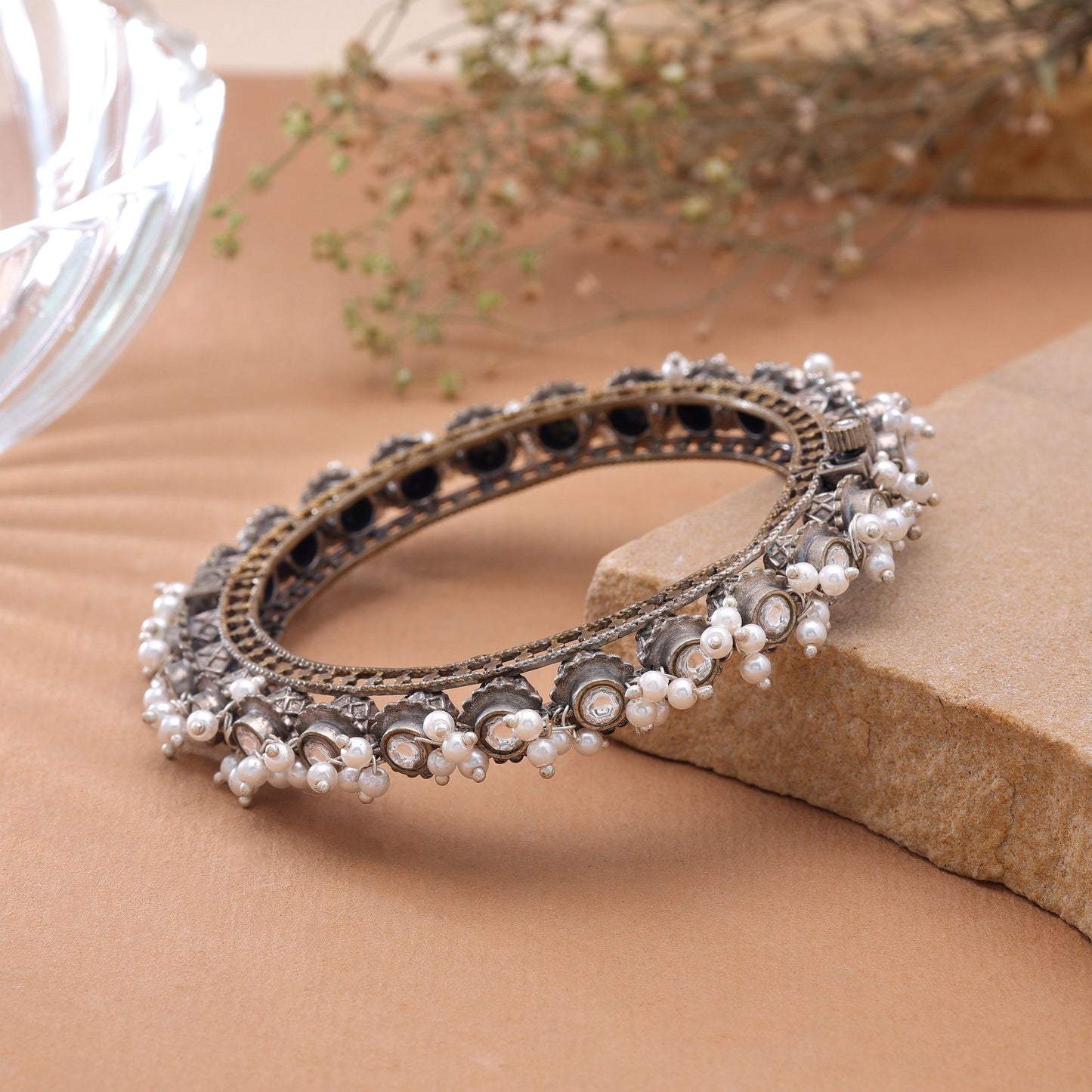 White Color Oxidised Openable Kada Bangle with Elegant Traditional Ethnic Jewelry Design