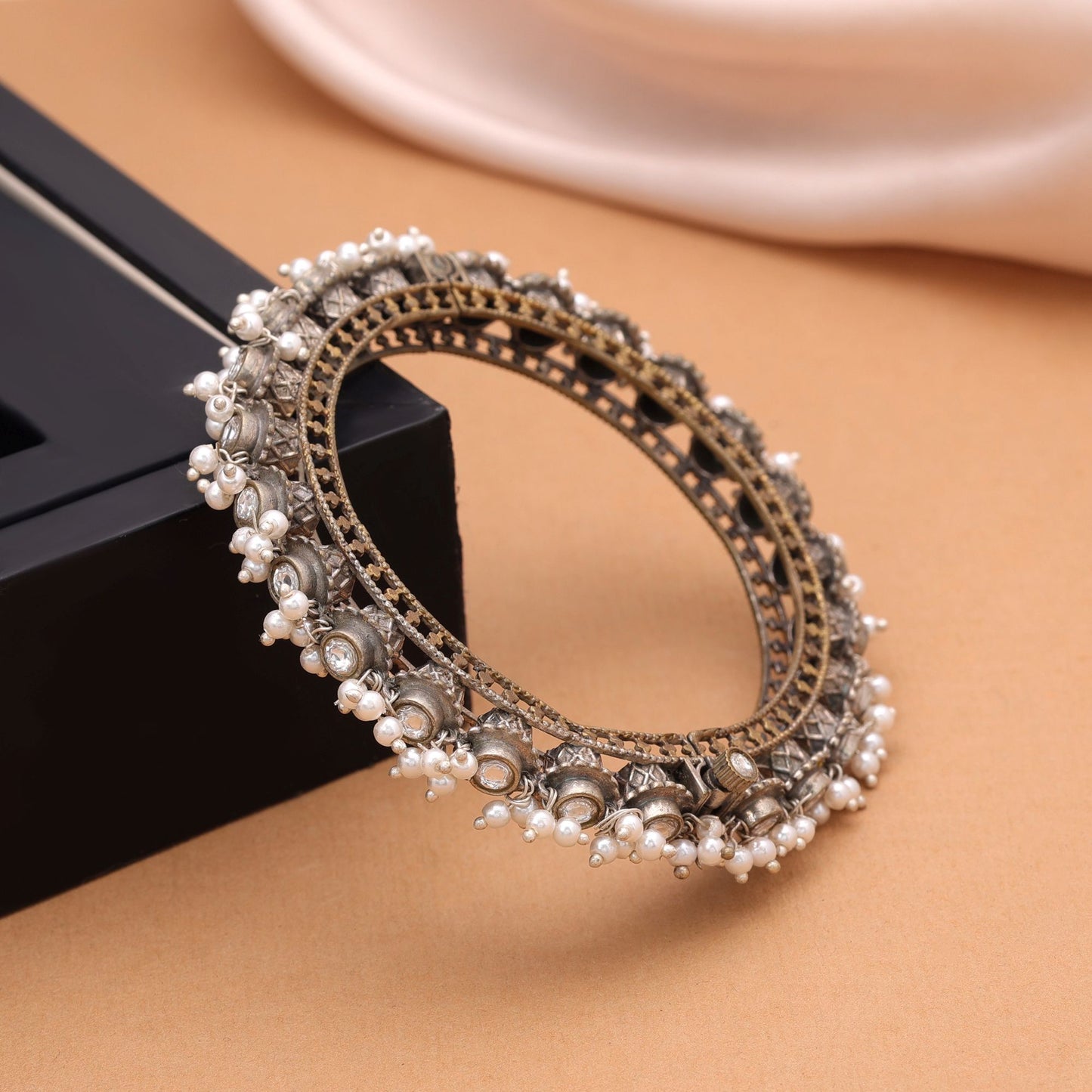 White Color Oxidised Openable Kada Bangle with Elegant Traditional Ethnic Jewelry Design