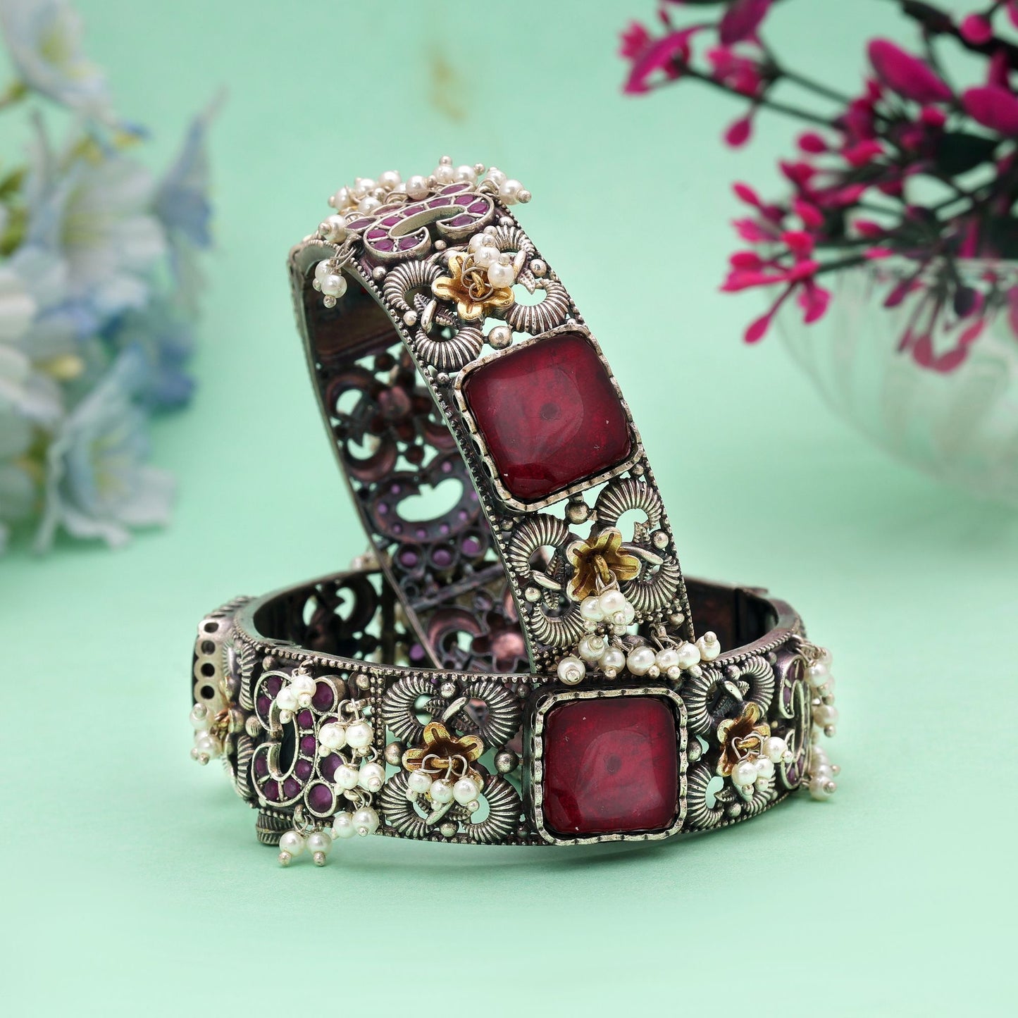 Maroon Color Oxidised Openable Kada Bangle with Premium Designer Ethnic Finish