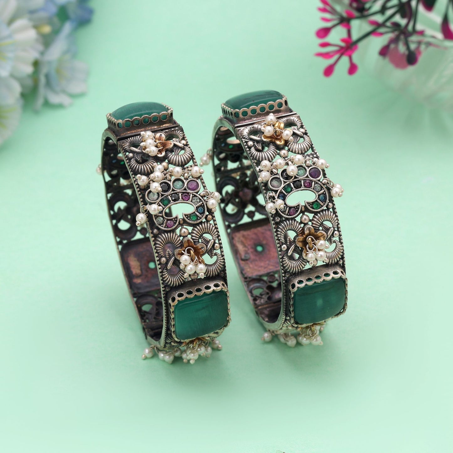 Pista Green Color Oxidised Openable Kada Bangle Featuring Graceful Handmade Style