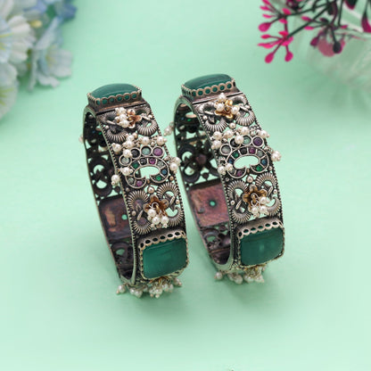 Pista Green Color Oxidised Openable Kada Bangle Featuring Graceful Handmade Style