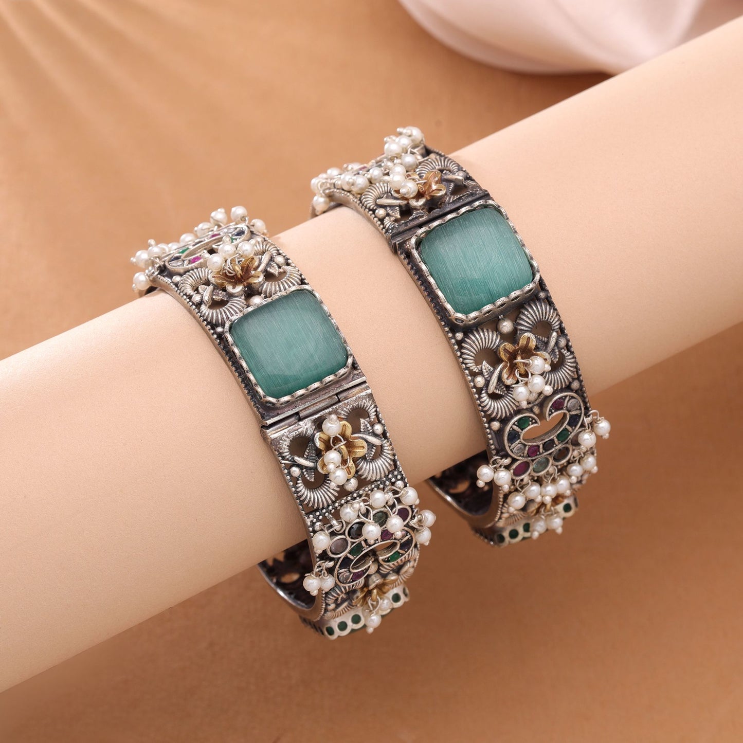 Pista Green Color Oxidised Openable Kada Bangle Featuring Graceful Handmade Style