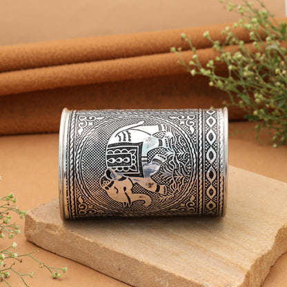Boho Style Silver Color Oxidised Adjustable Handcuff Bracelet For Casual Styling