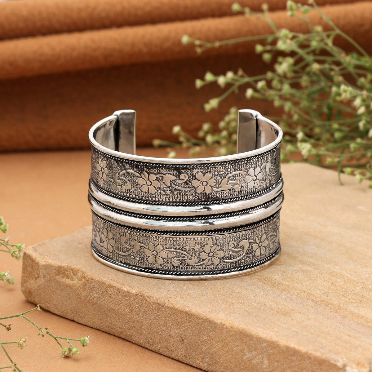 Traditional Tribal Silver Color Oxidised Adjustable Handcuff Bangle For Festival Wear