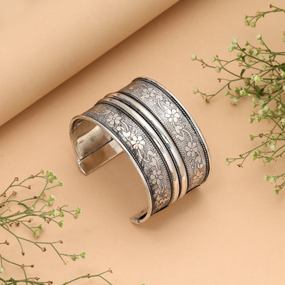 Traditional Tribal Silver Color Oxidised Adjustable Handcuff Bangle For Festival Wear