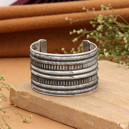 Artistic Handcrafted Silver Color Oxidised Adjustable Handcuff Bracelet For Festive Outfits