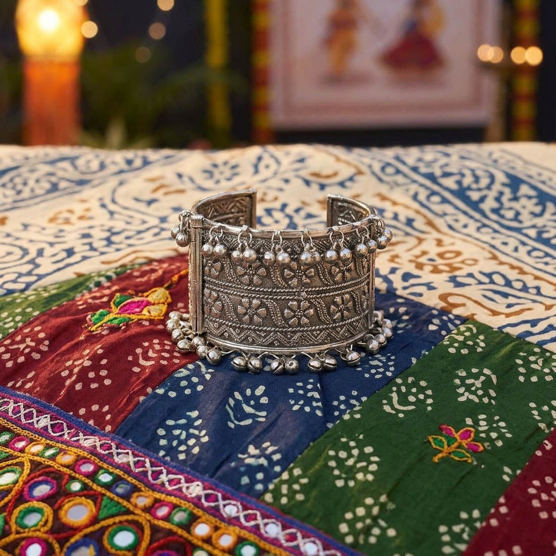 Tribal Pattern Silver Color Oxidised Adjustable Handcuff Bangle Specially For Women