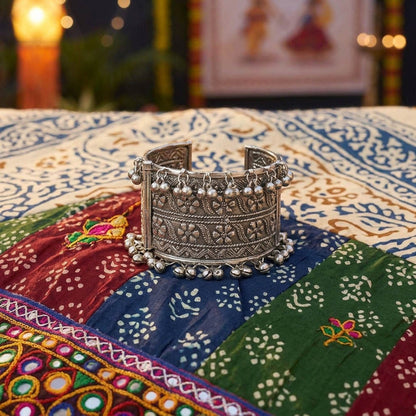Tribal Pattern Silver Color Oxidised Adjustable Handcuff Bangle Specially For Women