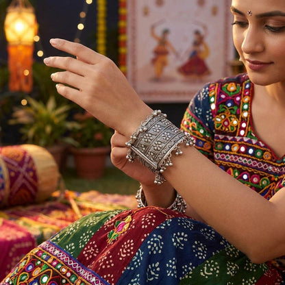 Tribal Pattern Silver Color Oxidised Adjustable Handcuff Bangle Specially For Women