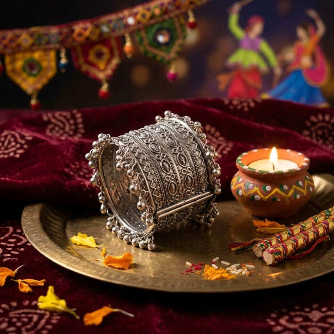 Artistic Handcrafted Silver Color Oxidised Adjustable Handcuff Bracelet For Ethnic Outfits