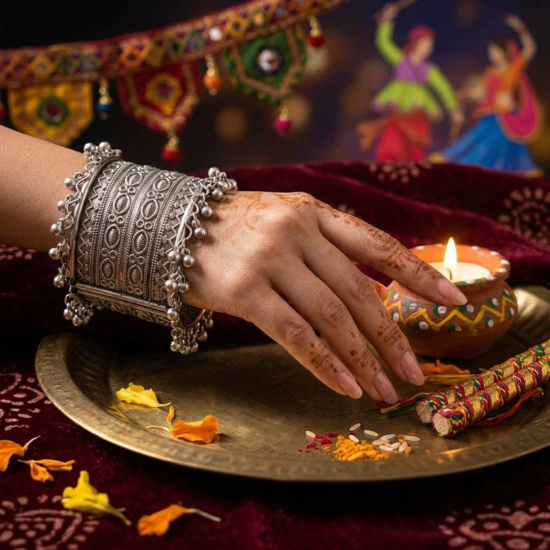 Artistic Handcrafted Silver Color Oxidised Adjustable Handcuff Bracelet For Ethnic Outfits