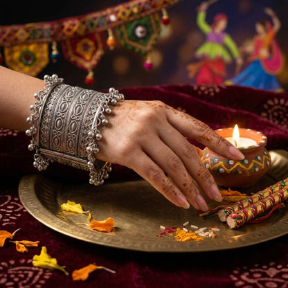 Artistic Handcrafted Silver Color Oxidised Adjustable Handcuff Bracelet For Ethnic Outfits