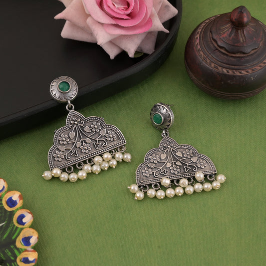 Ethnic Green Color Oxidised Earrings With Elegant And Rich Detailing