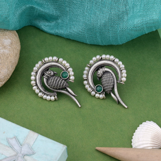 Artistic Green Color Oxidised Earrings With Detailed Handcrafted Work