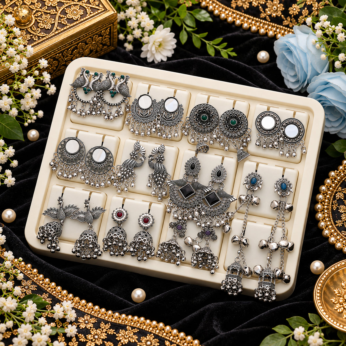 Assorted Color Oxidised Stud Earrings Combo Of 12 Pairs Jewelry Box