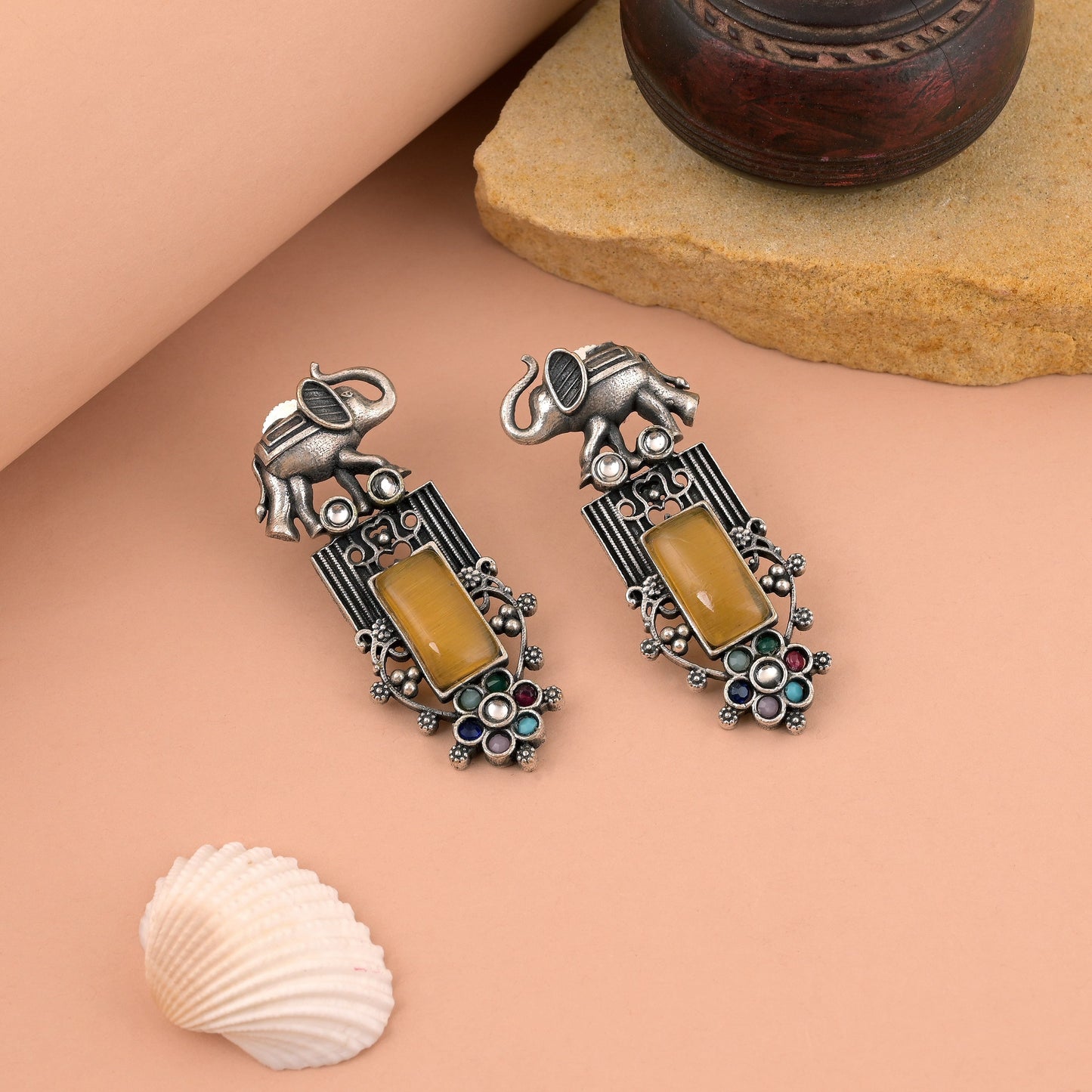 Dazzling Yellow Color Oxidised Earrings With Detailed Boho Tribal Look