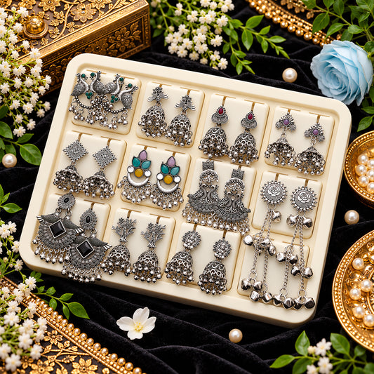 Vibrant Assorted Color Oxidised Stud Earrings Combo Of 12 Pairs Pack