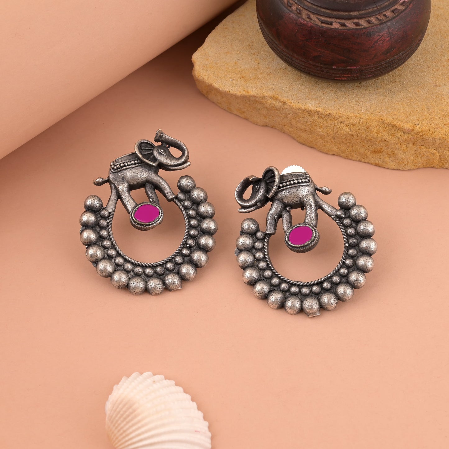Classic Rani Color Oxidised Earrings With Floral Design And Smooth Finish