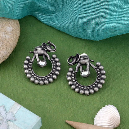 Classic Silver Color Oxidised Earrings With Floral Design And Smooth Finish