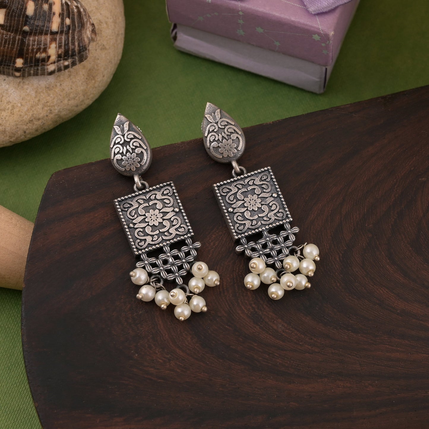 Beautifully Detailed Silver Color Oxidised Earrings With Artistic Touch