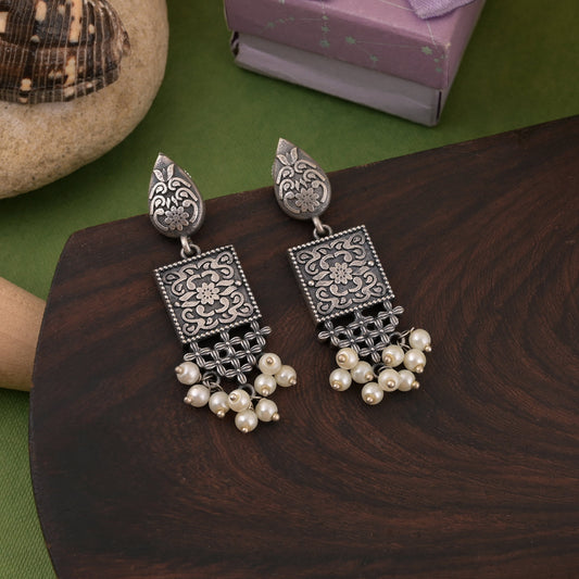 Beautifully Detailed Silver Color Oxidised Earrings With Artistic Touch
