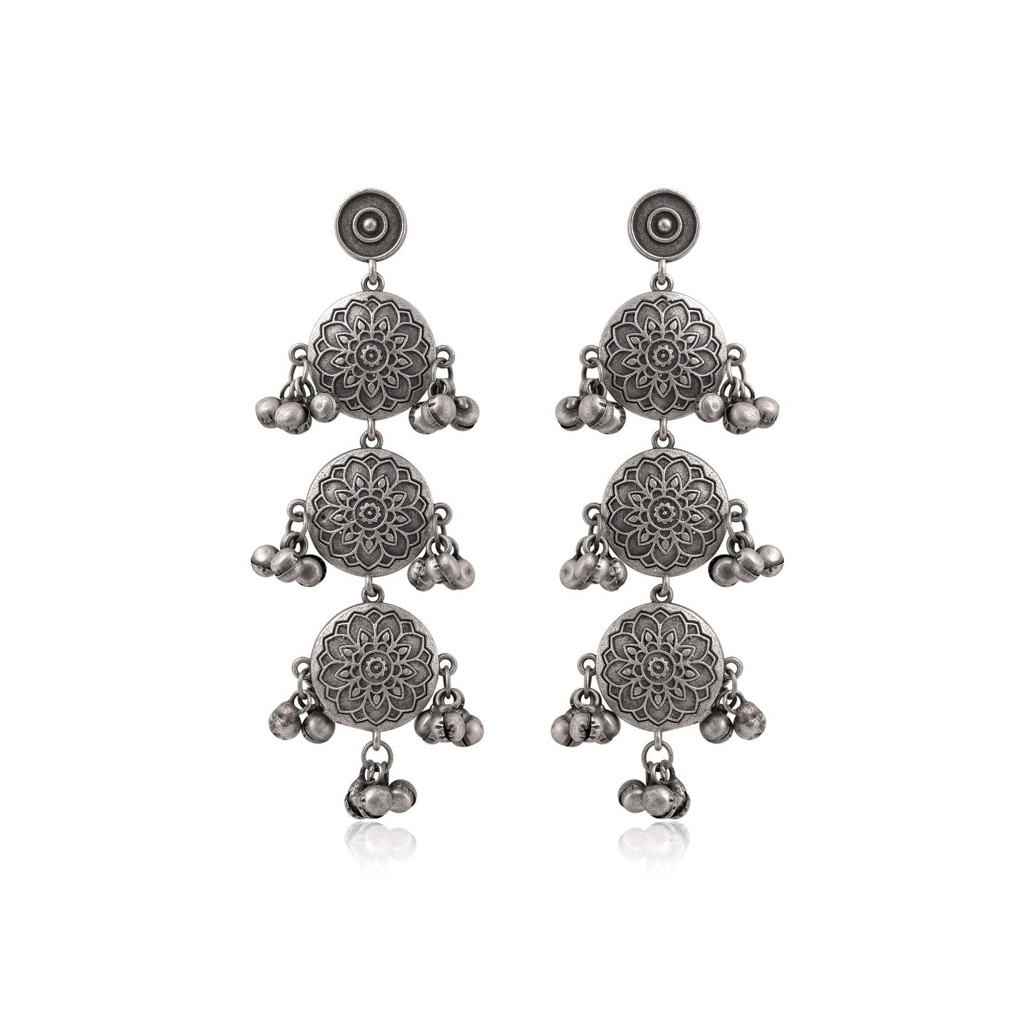 Oxidised Earrings In Silver Color With Intricate Embossed Artwork