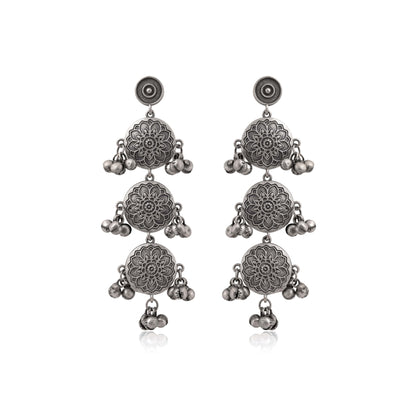 Oxidised Earrings In Silver Color With Intricate Embossed Artwork