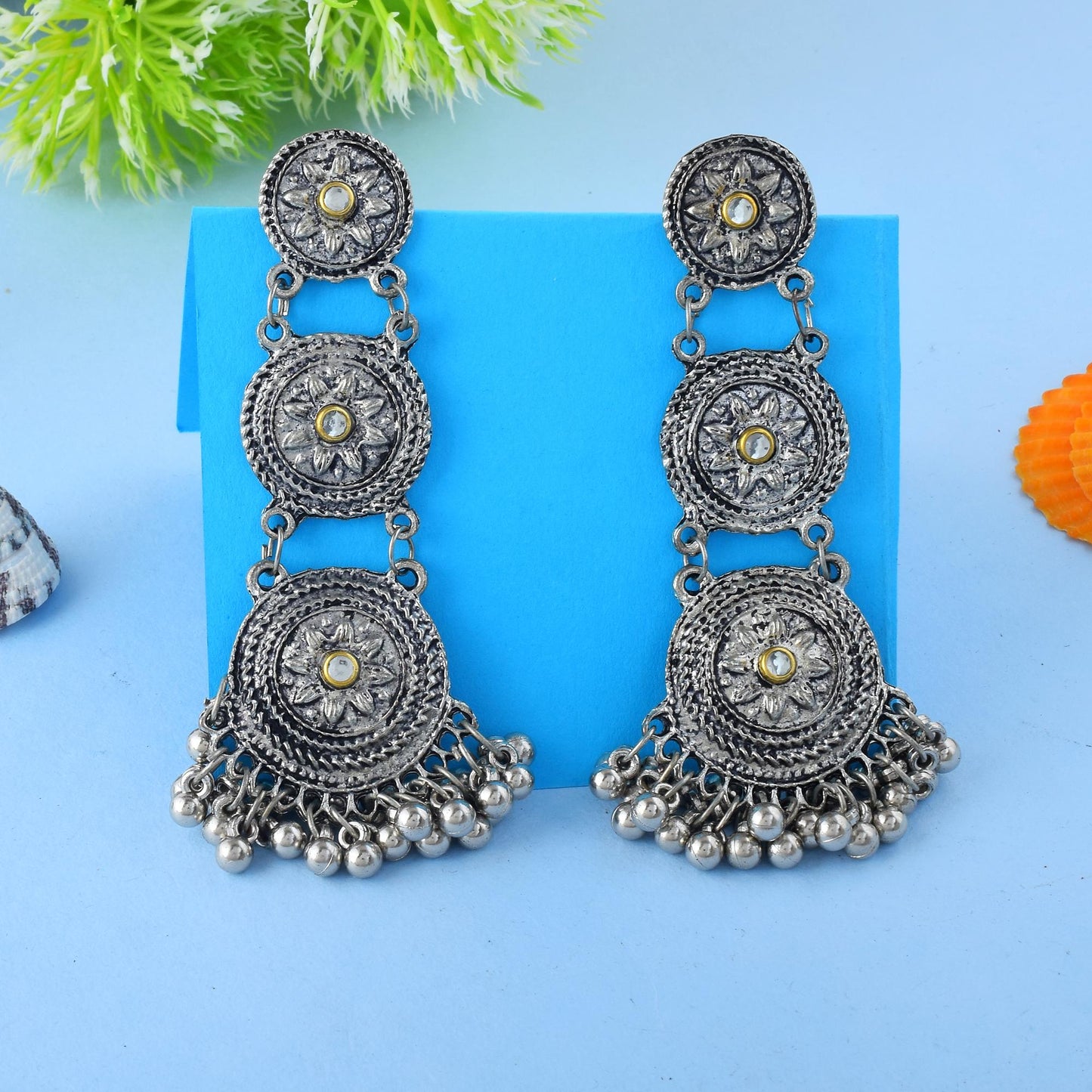 Elegant Silver Color Oxidised Earrings With Intricate Traditional Indian Detailing