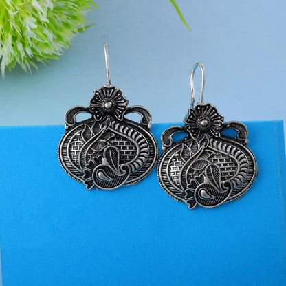 Lightweight Silver Color Oxidised Earrings With Fine Tribal Pattern Design