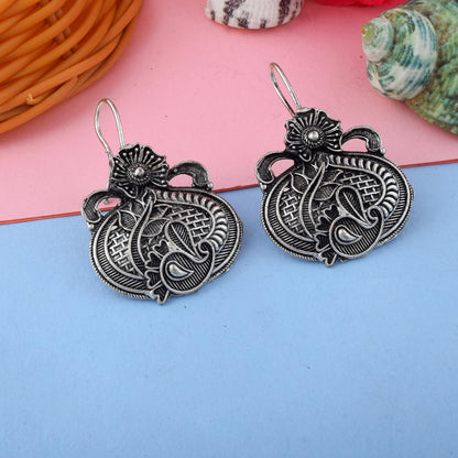 Lightweight Silver Color Oxidised Earrings With Fine Tribal Pattern Design