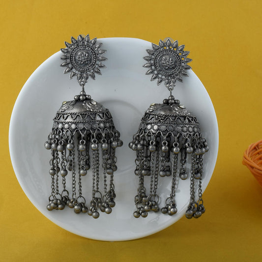 Big Jhumka Style Silver Color Oxidised Earrings With Antique Indian Design