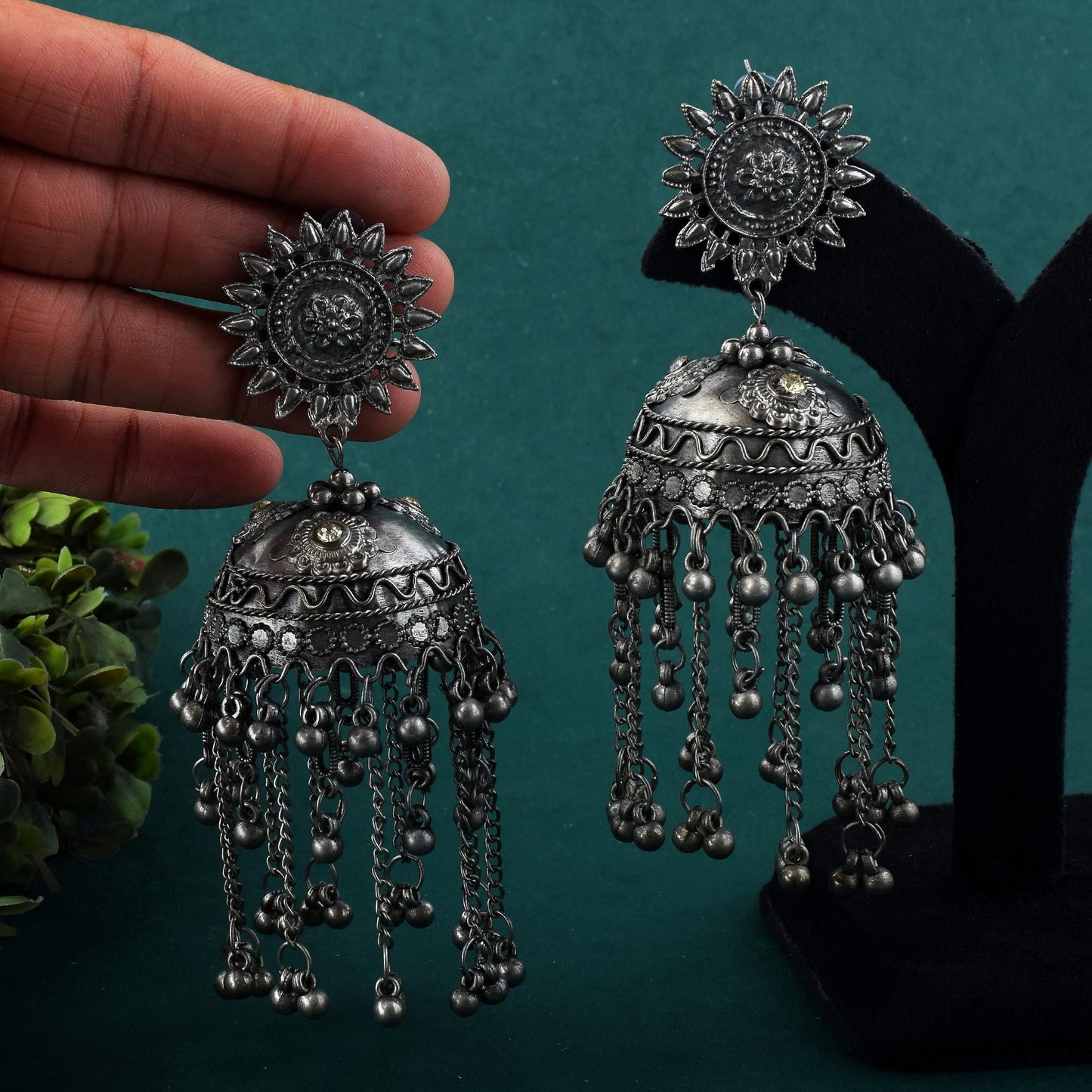 Big Jhumka Style Silver Color Oxidised Earrings With Antique Indian Design