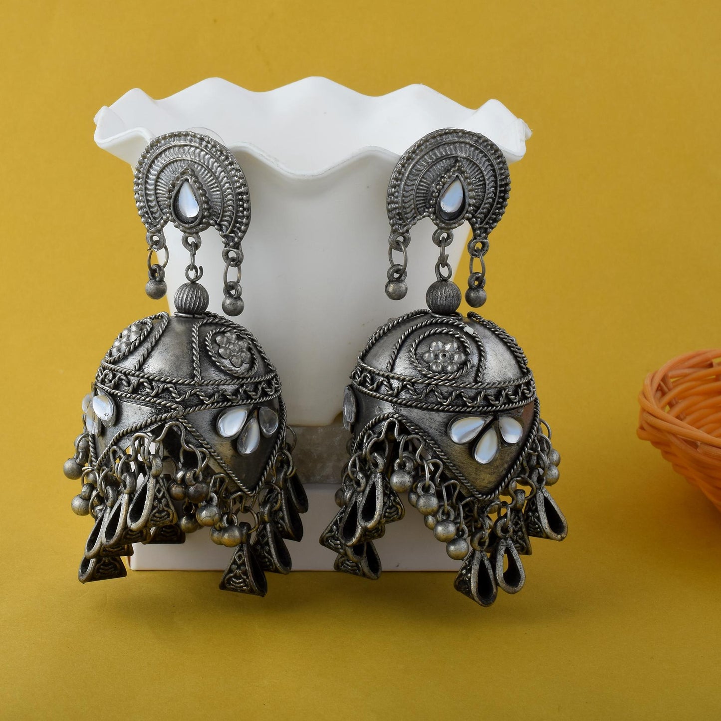 Oversized Silver Color Jhumka Oxidised Earrings With Hanging Dome Charms