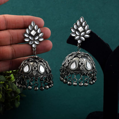 Ethnic Silver Color Big Size Jhumka Oxidised Earrings For Traditional Wear