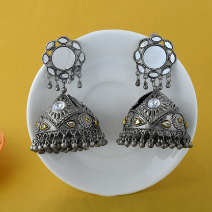 Bold And Heavy Silver Color Jhumka Oxidised Earrings For Bridal Attire