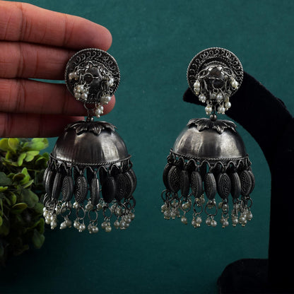 Dramatic Silver Color Big Jhumka Oxidised Earrings For Cultural Functions