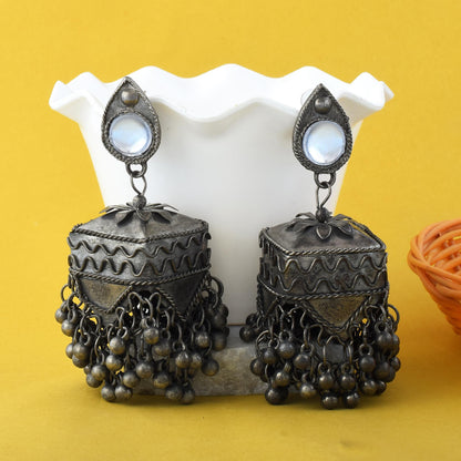 Silver Color Jhumka Style Oxidised Earrings With Oversized Dome Elements
