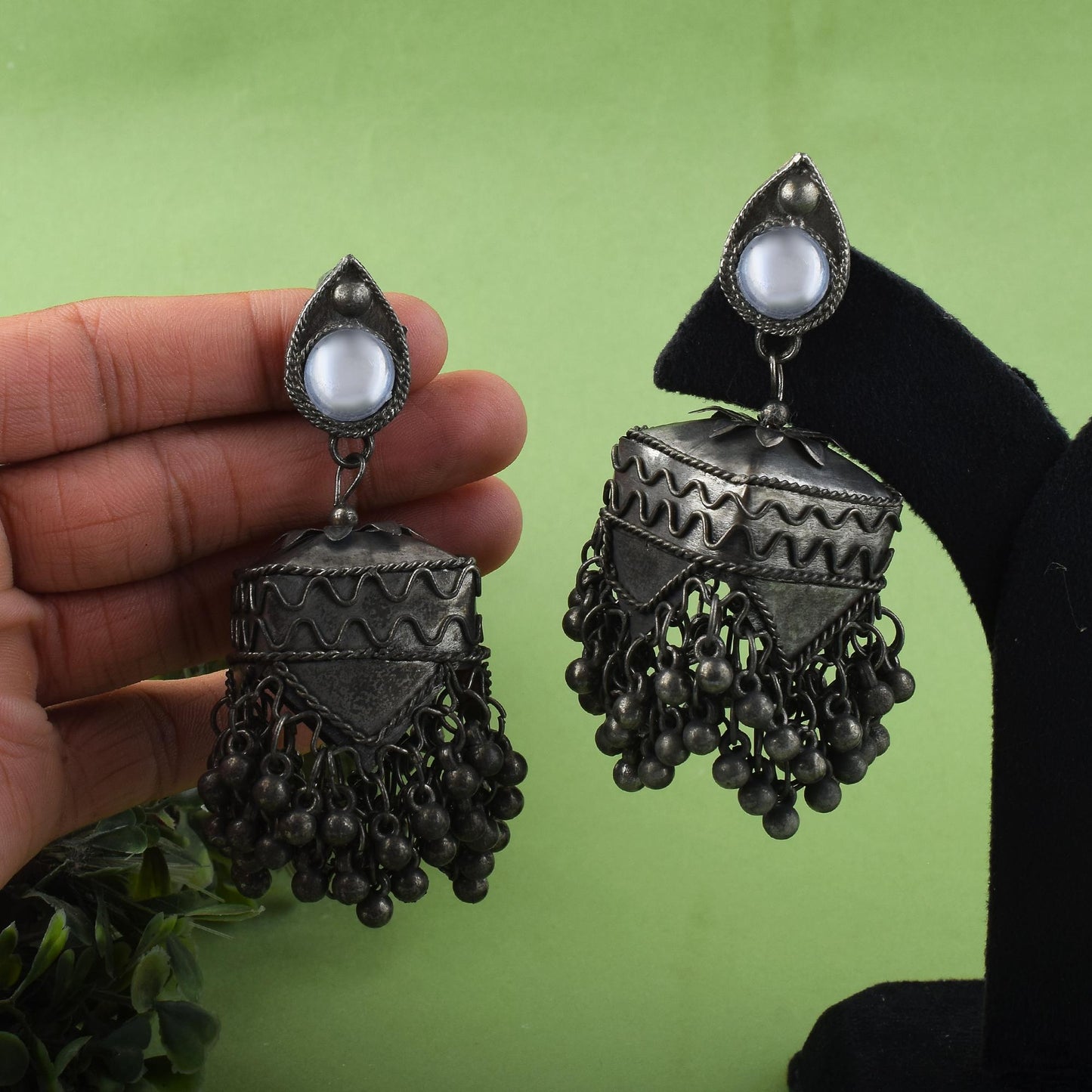 Silver Color Jhumka Style Oxidised Earrings With Oversized Dome Elements