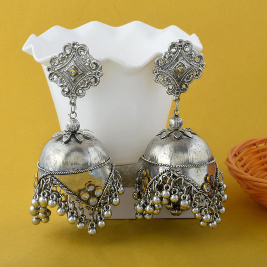 Classic Silver Color Big Size Oxidised Earrings With Festive Jhumka Design