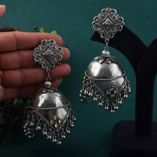 Classic Silver Color Big Size Oxidised Earrings With Festive Jhumka Design