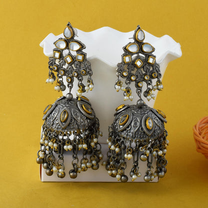 Traditional Silver Color Jhumka Oxidised Earrings With Filigree Detailing