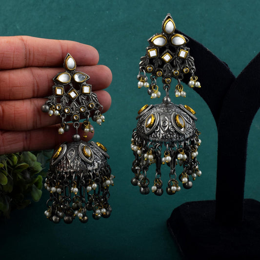 Traditional Silver Color Jhumka Oxidised Earrings With Filigree Detailing