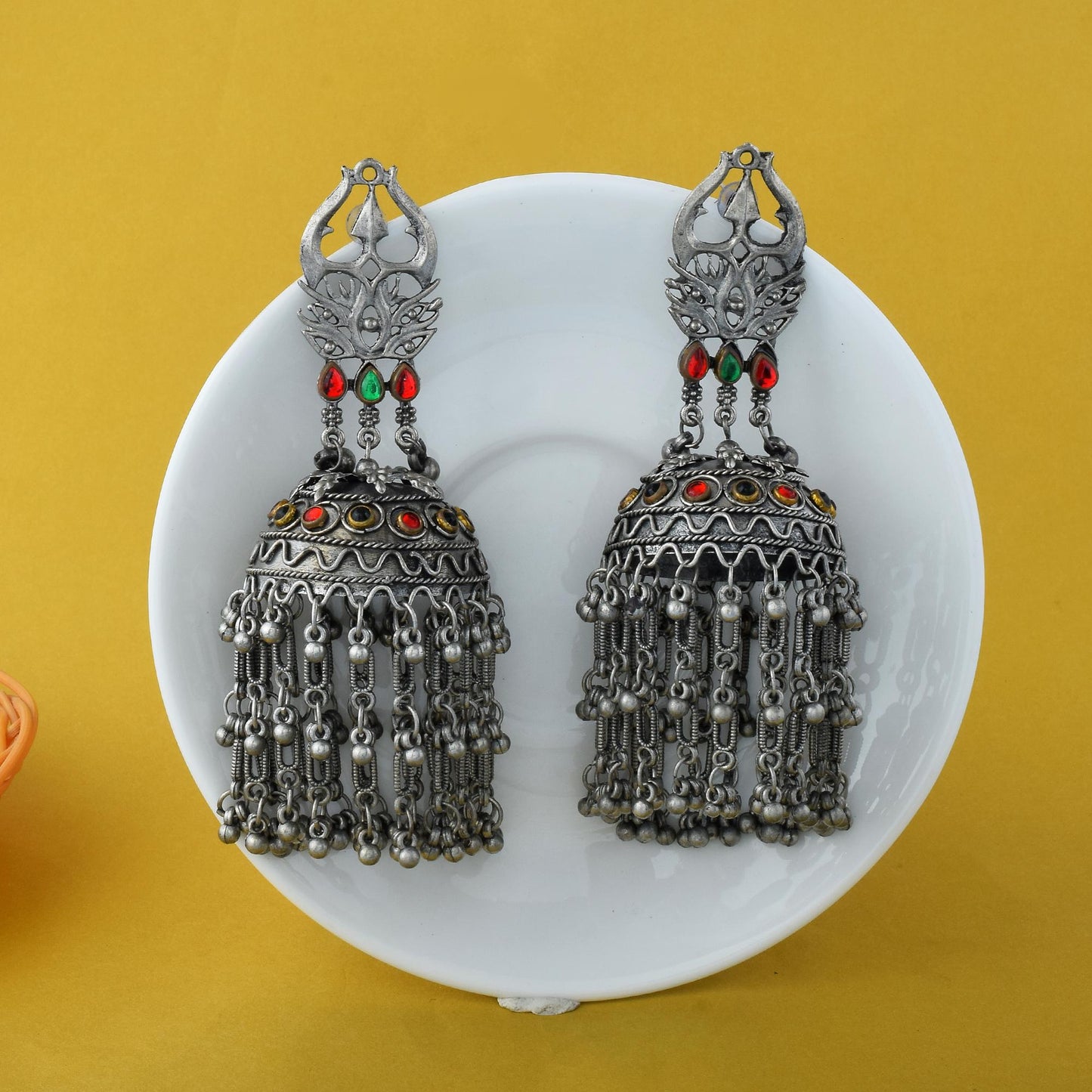 Eye-Catching Big Size Jhumka Silver Color Oxidised Earrings With Tribal Vibes