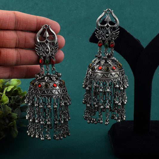 Eye-Catching Big Size Jhumka Silver Color Oxidised Earrings With Tribal Vibes