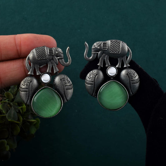 Beautiful Pista Green Color Oxidised Earrings With Intricate Lightweight Design